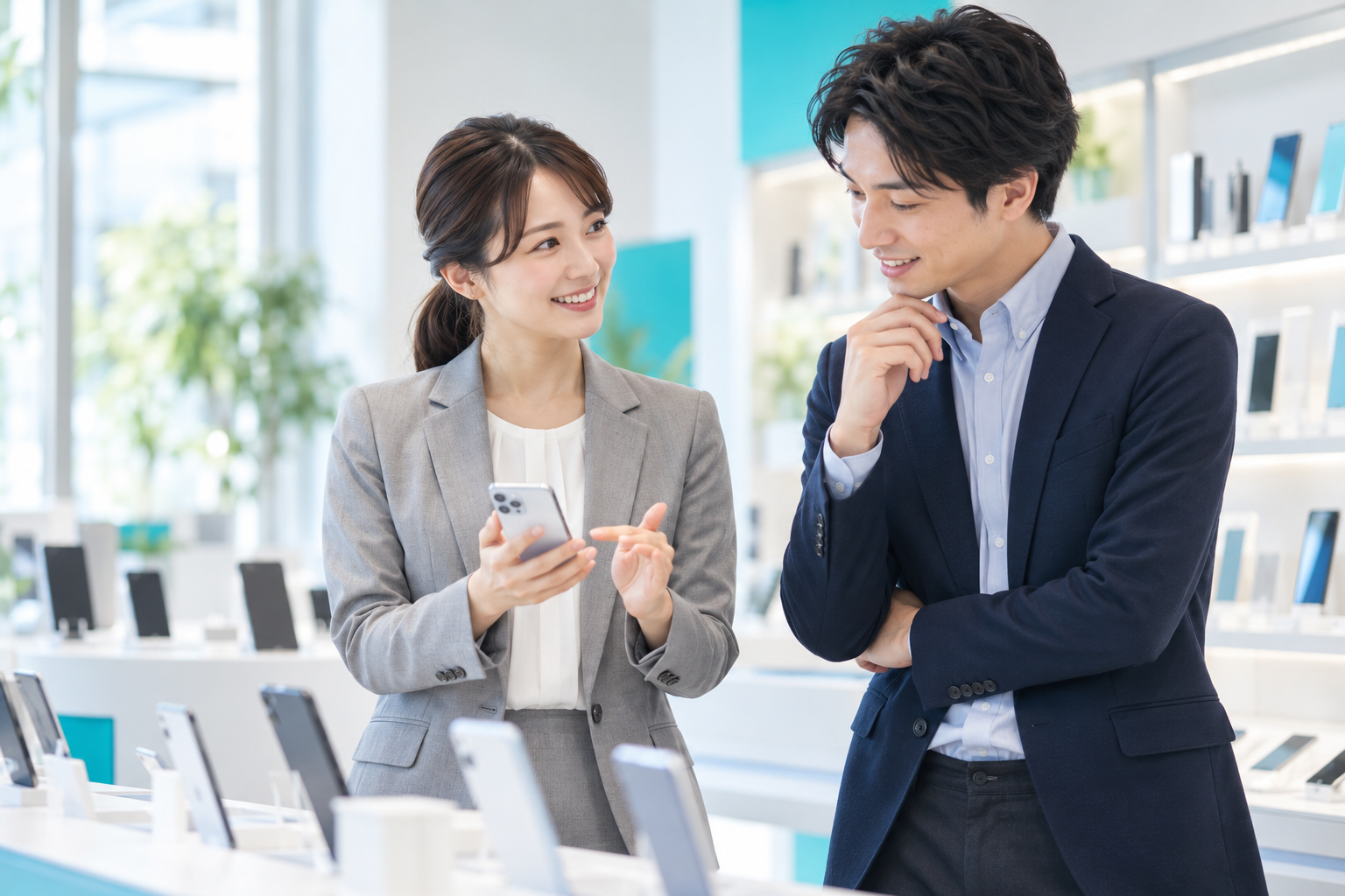 スマートフォンを案内する携帯販売スタッフ