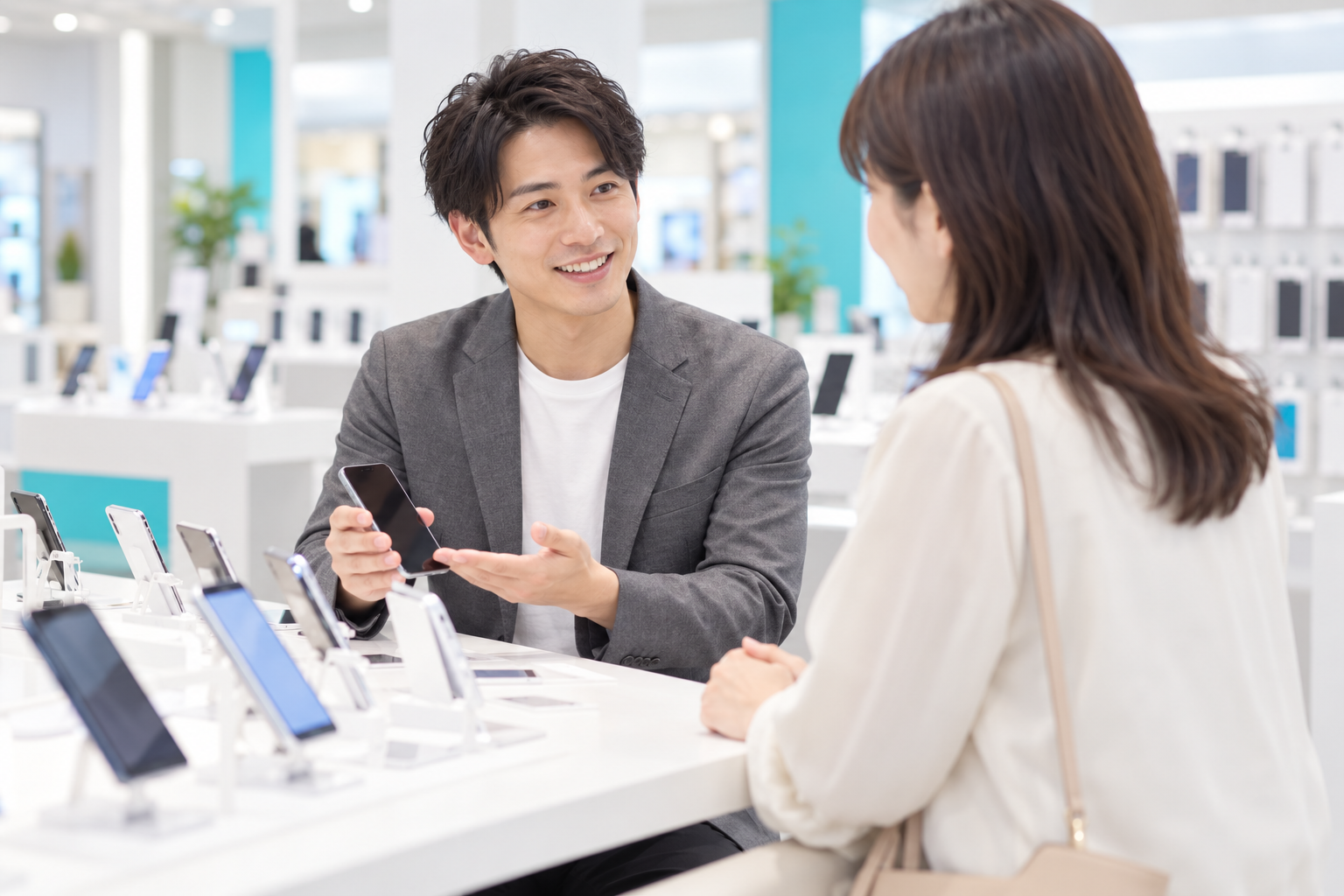 スマートフォン売場で接客する販売スタッフ